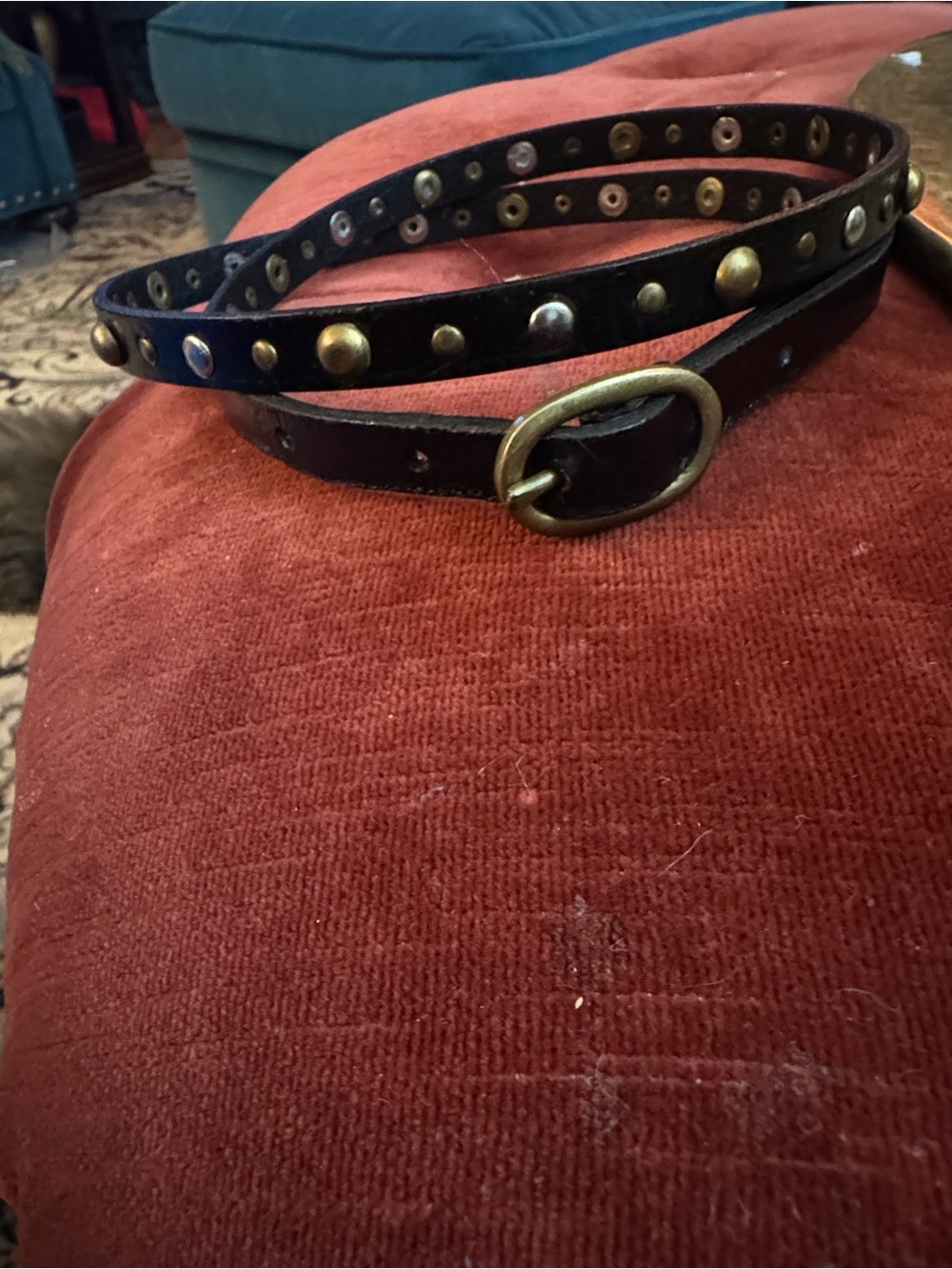 Kimchi Blue Black Leather Studded Belt with Mixed Metal Eyelets and Oval Buckle